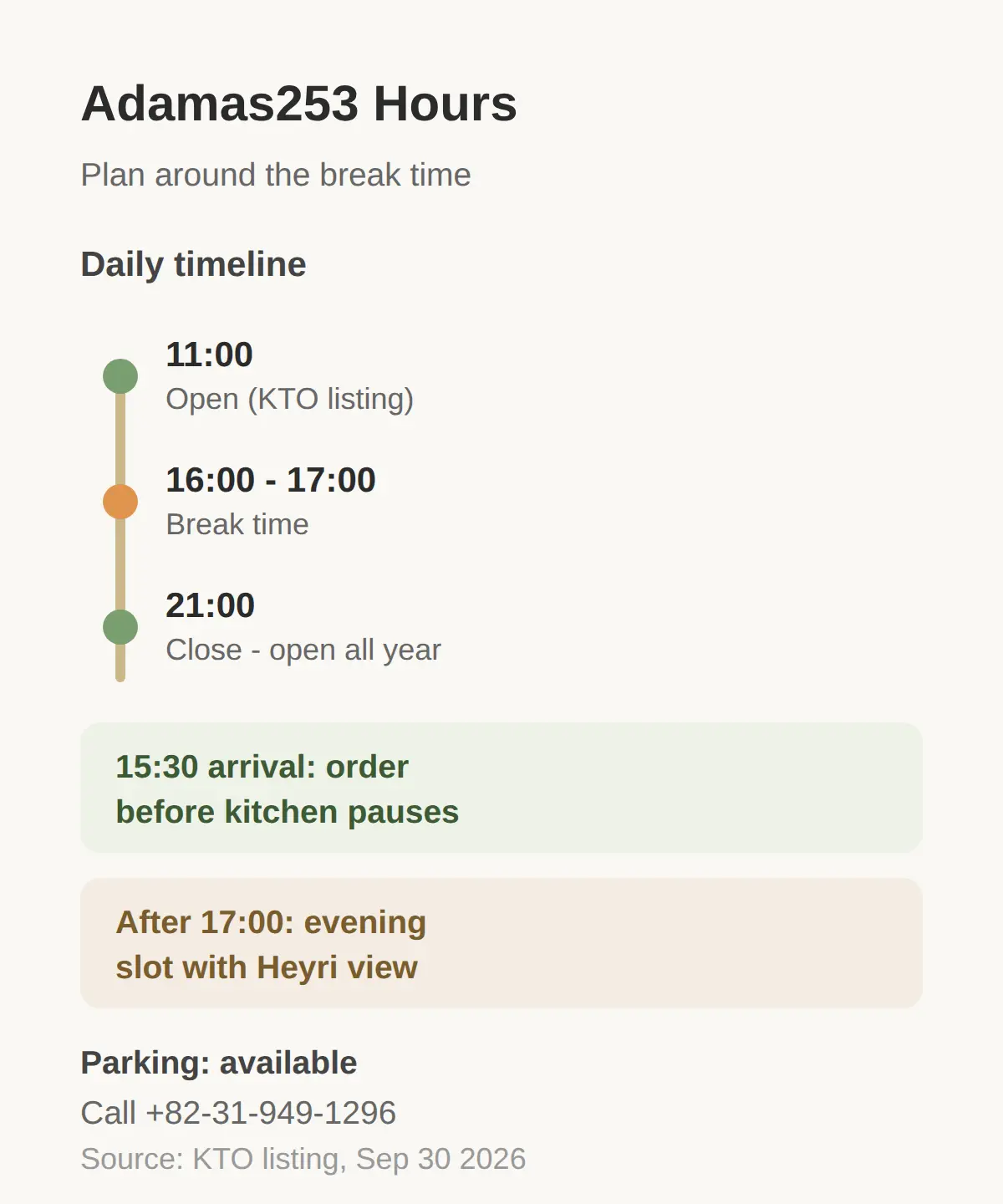 Adamas253 Hours, Closing Day, Parking and Reservations