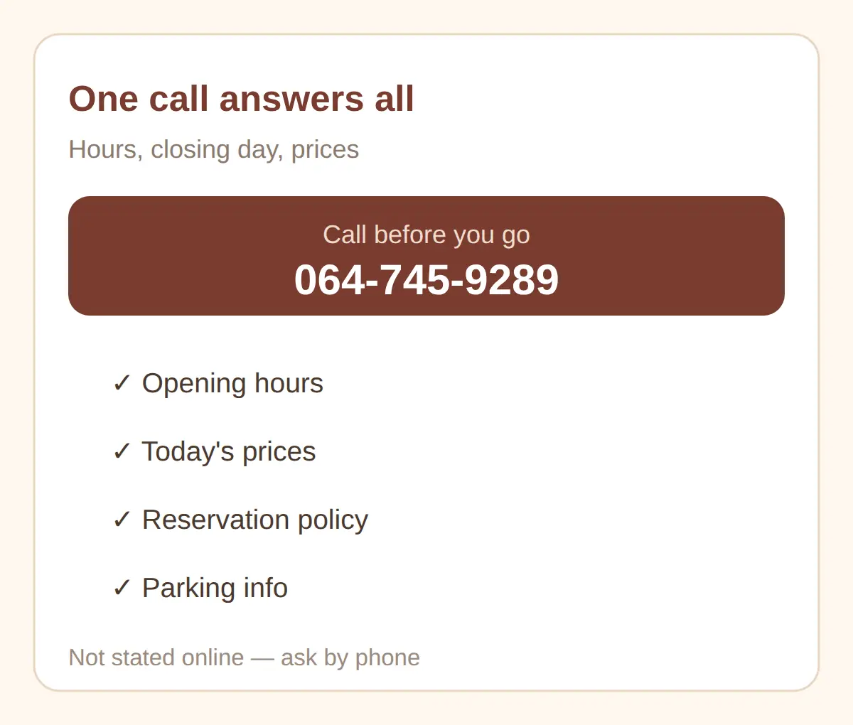 Hours, Parking and Reservations — Call 064-745-9289