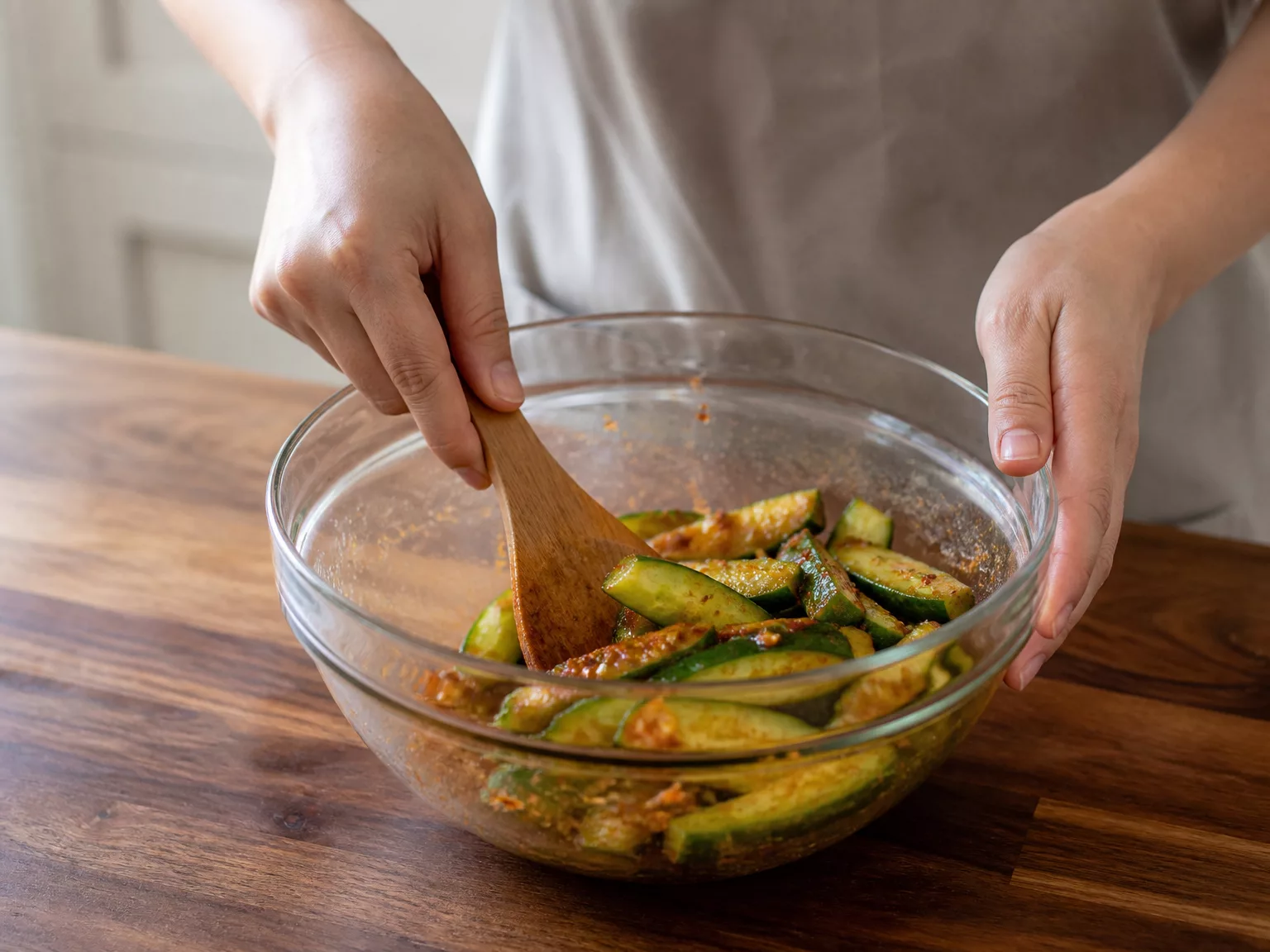 Step 5: Toss the cucumbers with the dressing.