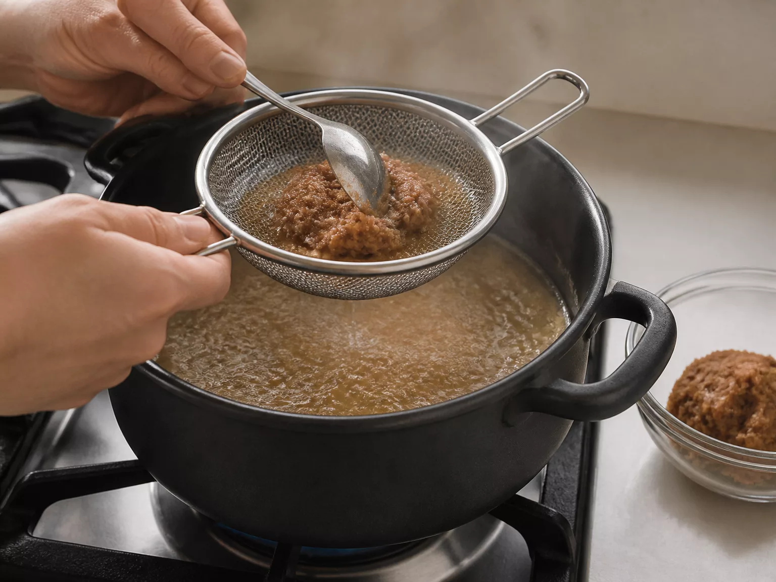 Step 1: Dissolve the doenjang (or miso) through a sieve into boiling broth.