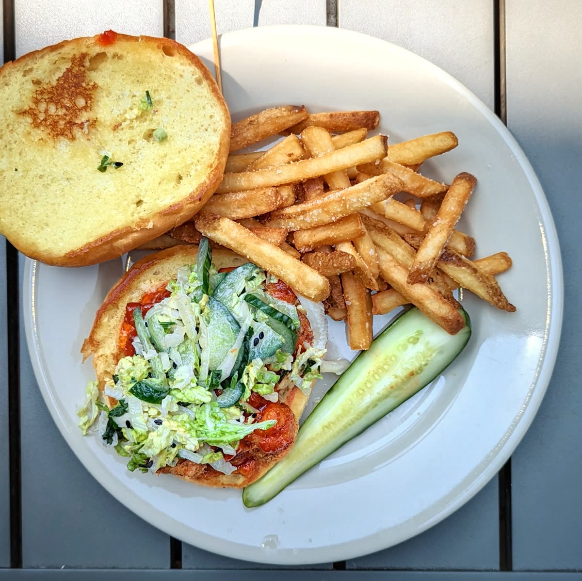 Korean fried chicken sandwich with cucumber slaw and gochujang, plus French fries - Cambridge, MA — McDonald's gochujang butter burger: what is in it and how spicy it really is