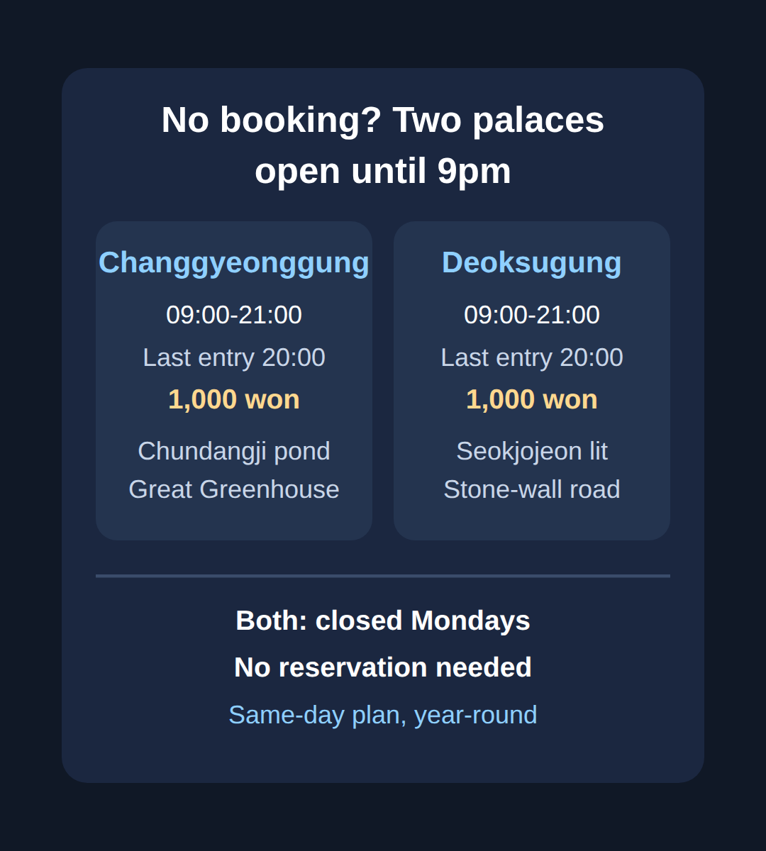 No booking? Changgyeonggung and Deoksugung, open until 9pm