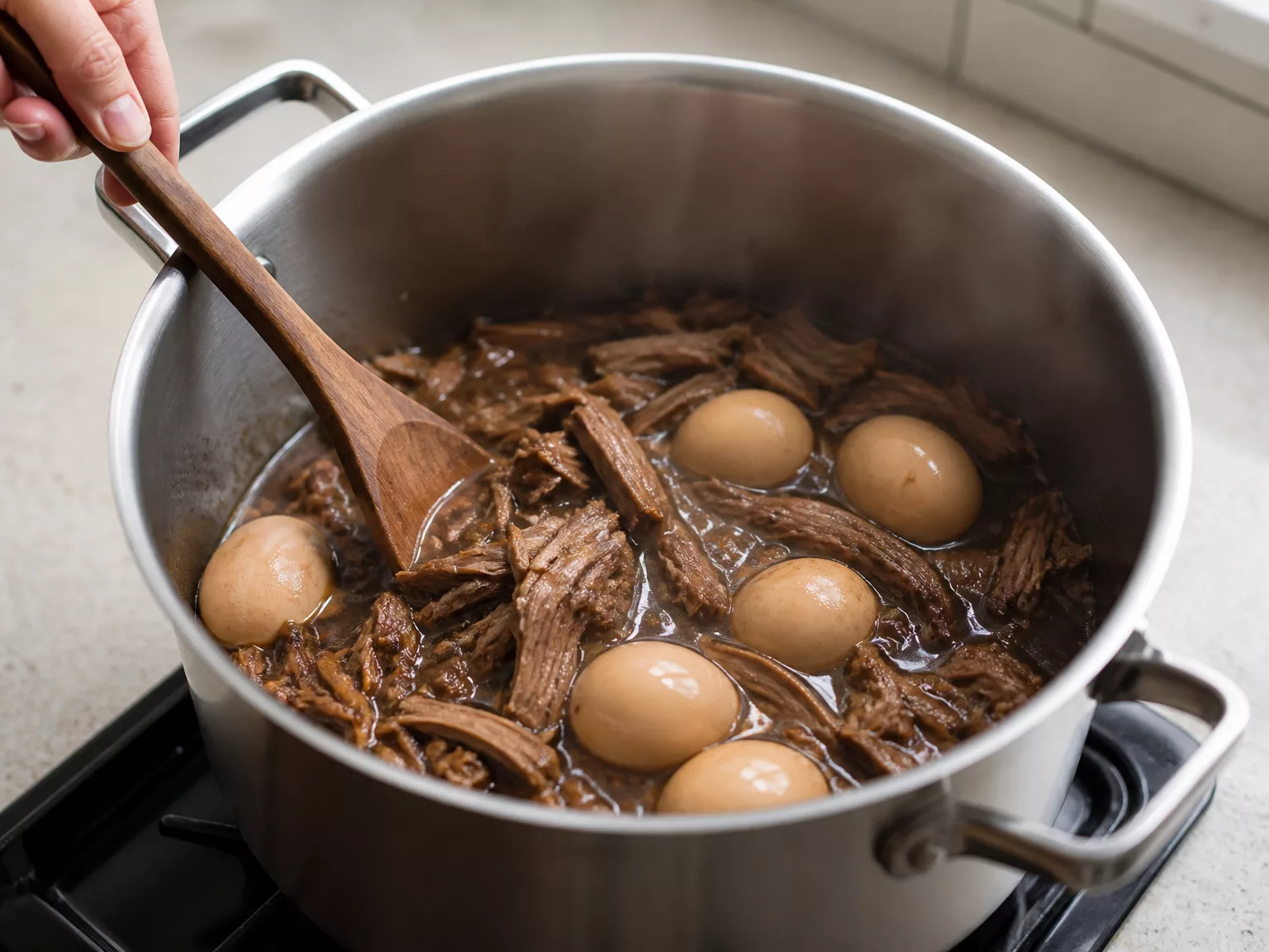 Step 4: Braise the shreds 30 minutes on medium-low in the strained…
