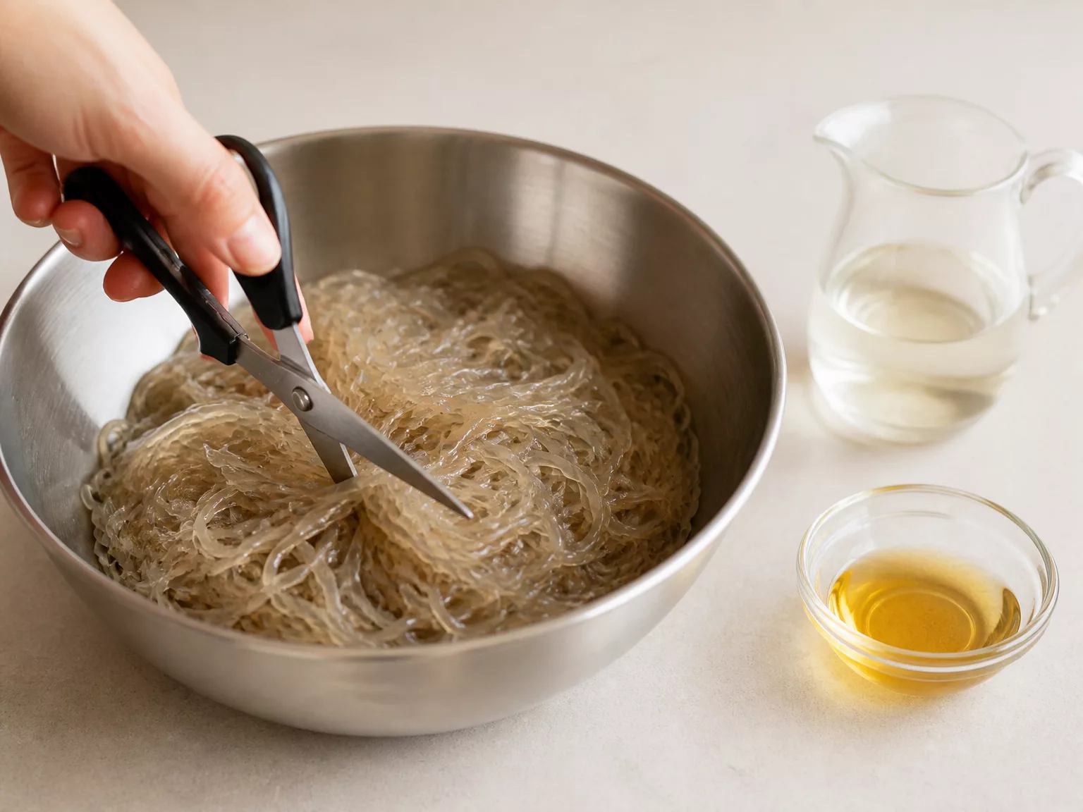 Step 4: Cut the cooked noodles 2-3 times with scissors and coat them in…