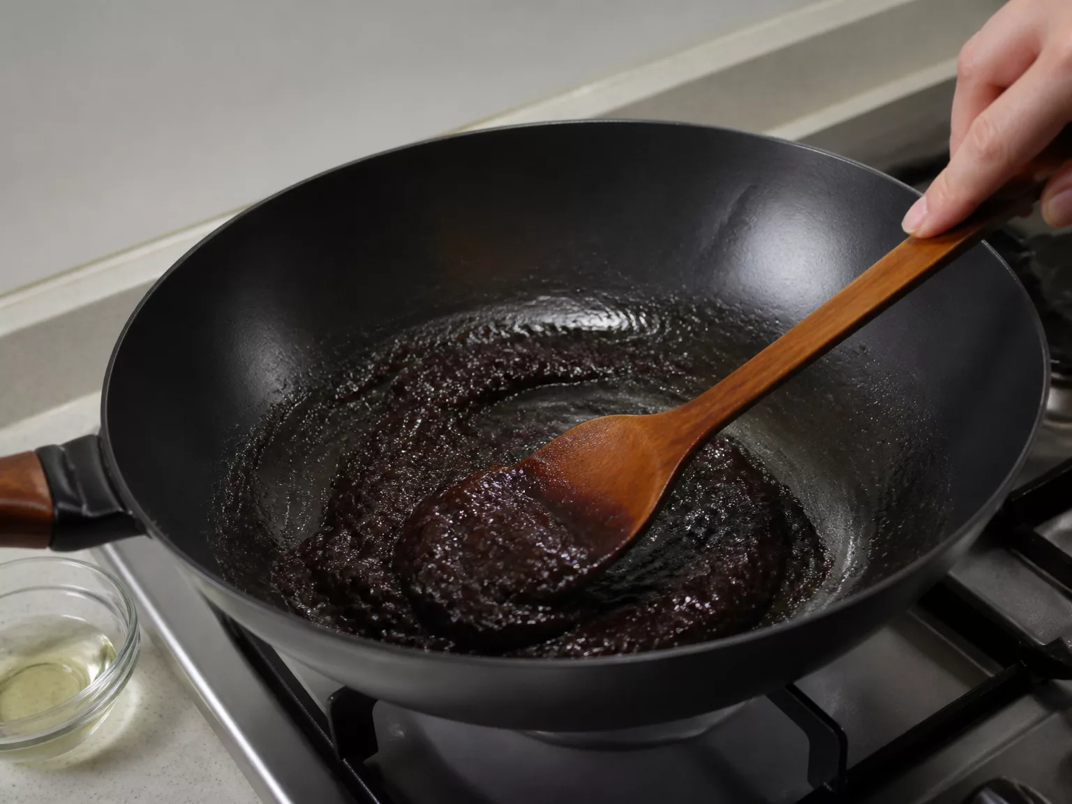 Step 1: Stir-fry the chunjang in oil over medium-low heat for about 10 minutes