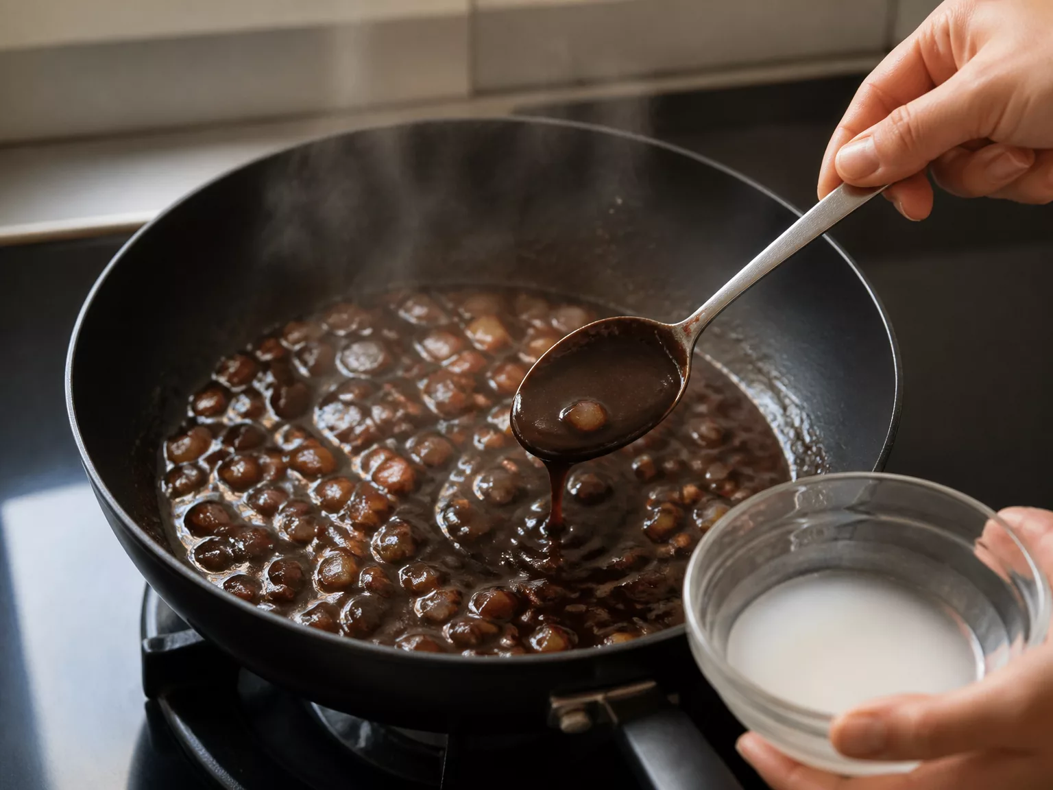 Step 6: Thicken with a small starch slurry, simmering briefly