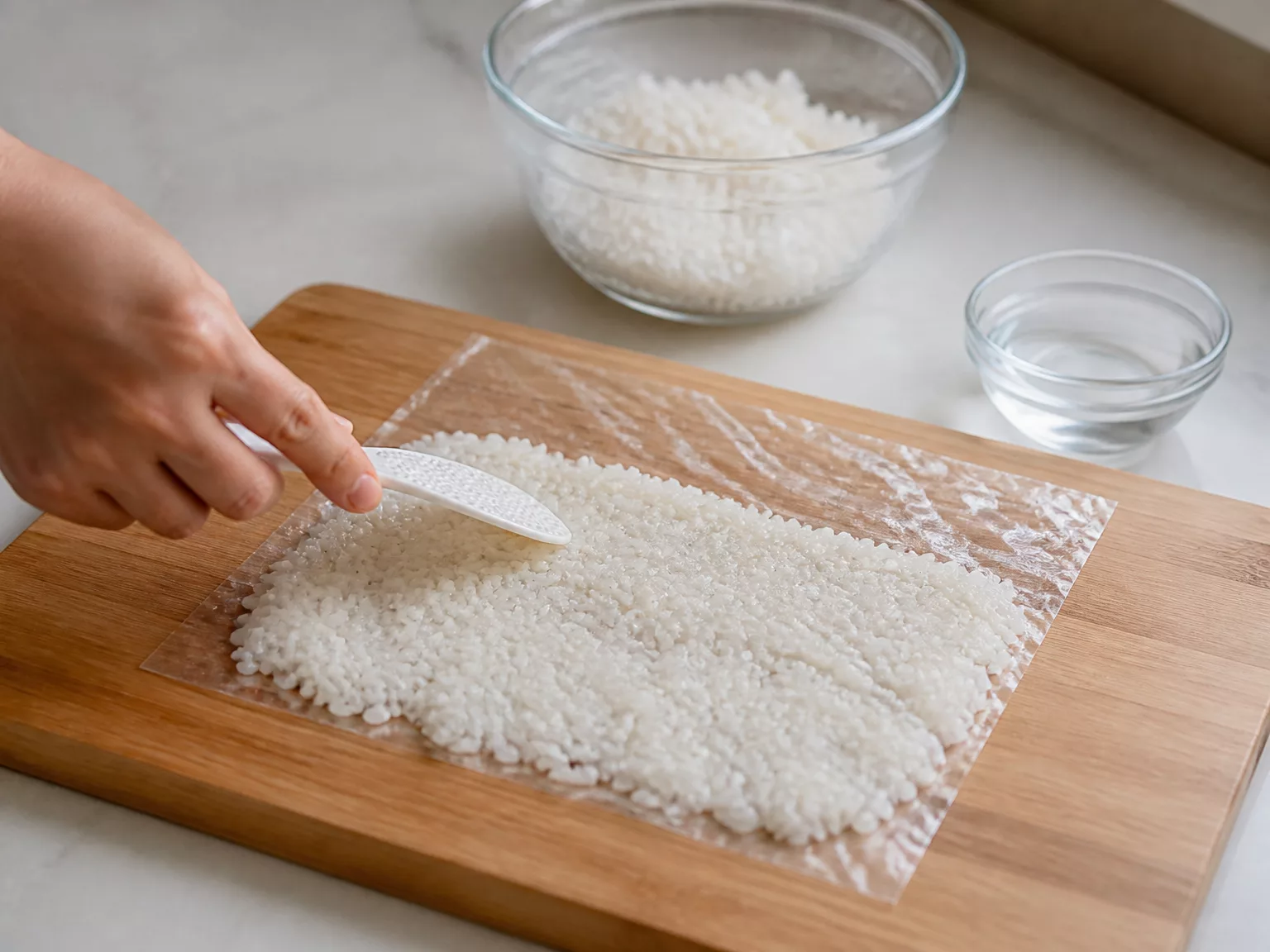 Step 2: Lay the soy paper shiny-side down and spread a thin layer of rice,…
