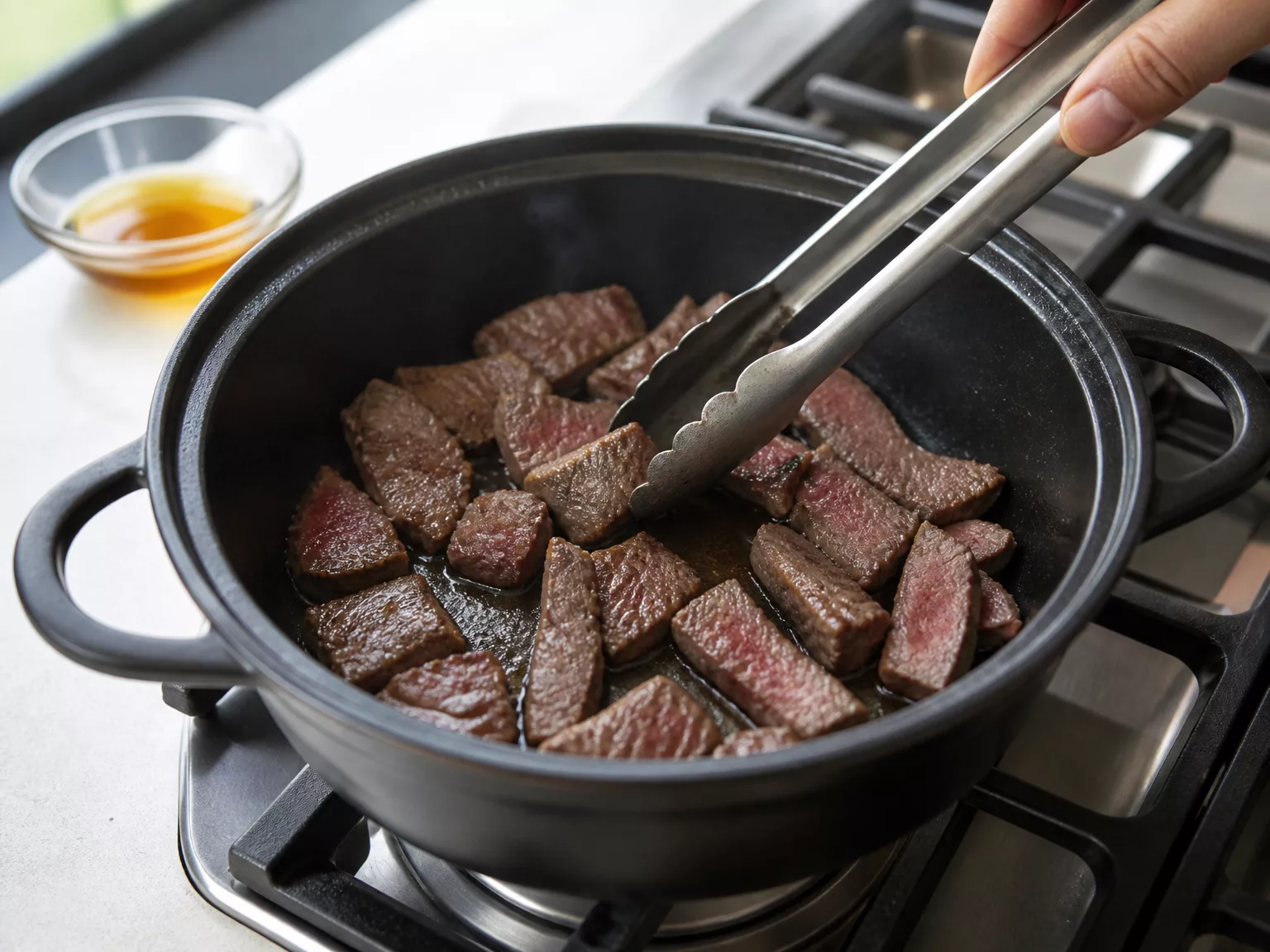 Step 1: Sear the beef in 1 tbsp sesame oil over medium-high heat