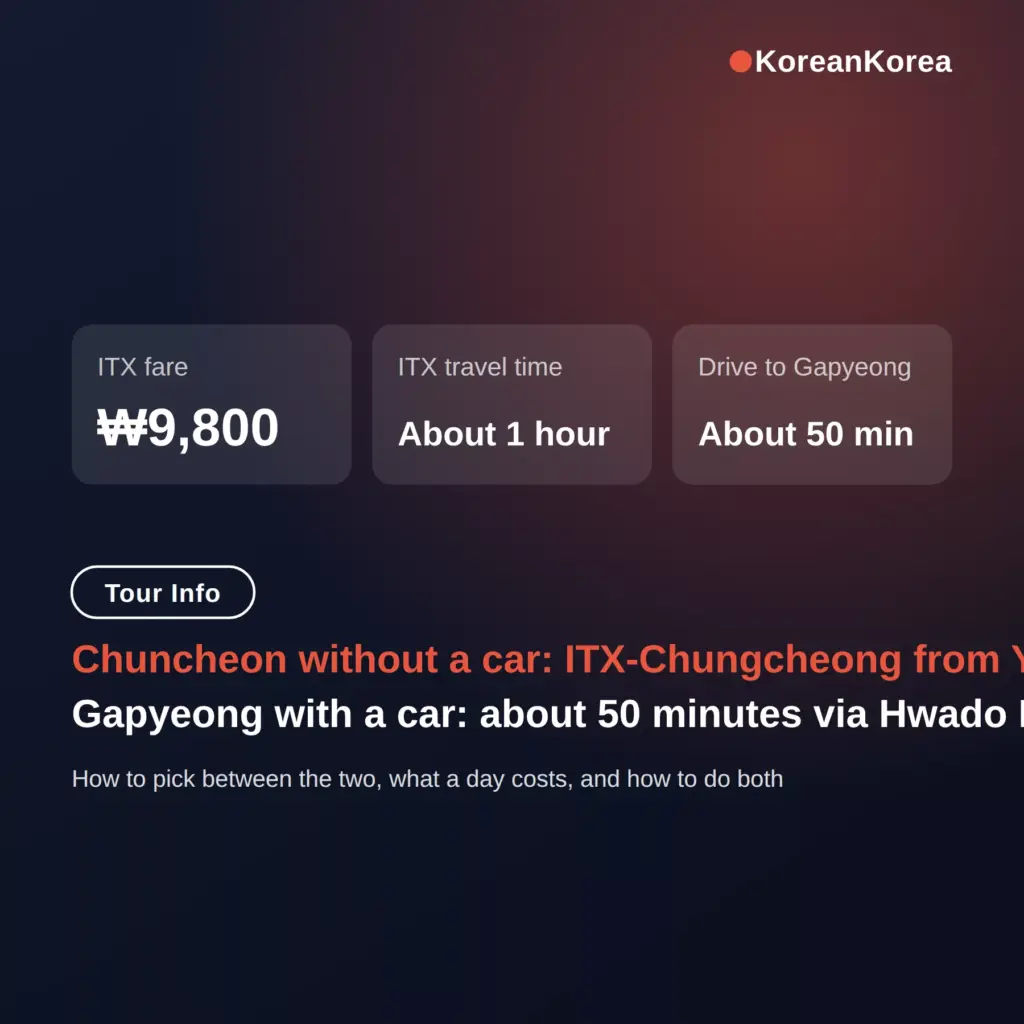 Gapyeong chuncheon day trip from seoul: ITX ₩9,800, costs and routes
