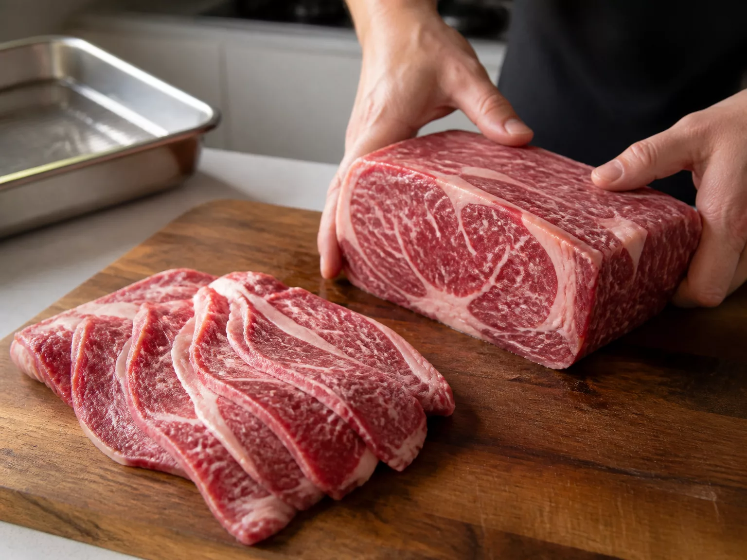 Step 1: Ask the butcher for chuck roll or ribeye, or buy the block.