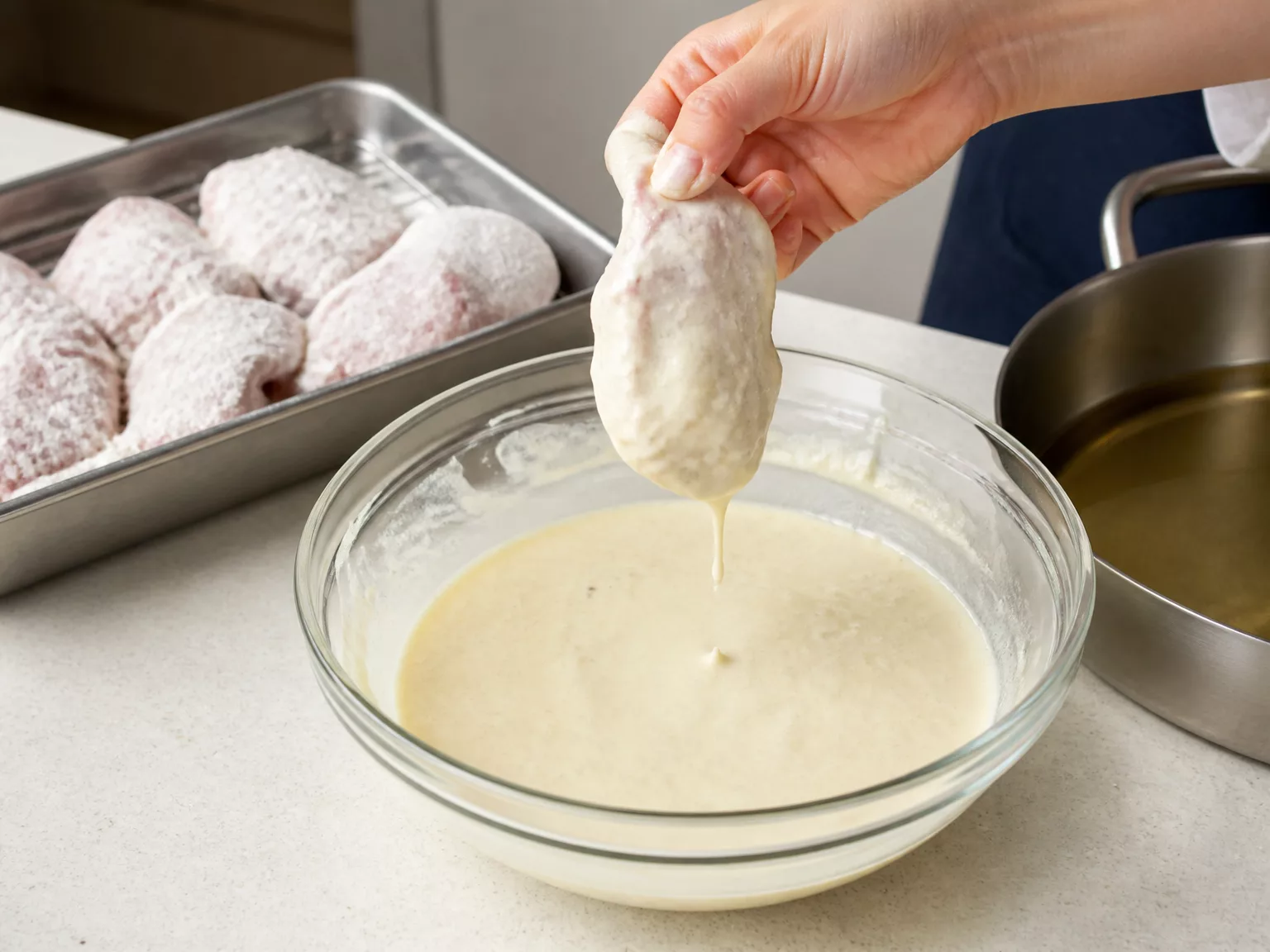 Step 4: Dip the dusted chicken in the batter and let excess drip off before…