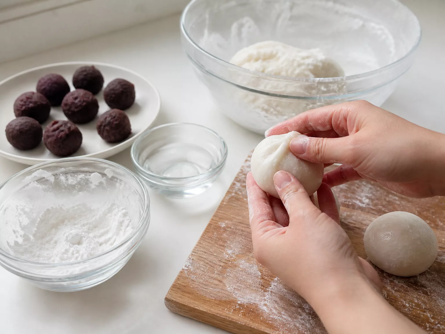 Step 6: Wrap each fruit in the bean paste first, place it in the dough's…