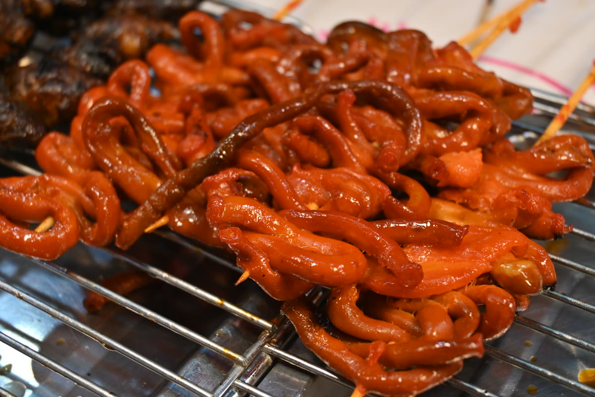 DFC 2096 Skewered glazed intestines grilling to a shiny caramelized finish at a street food stall — How to Order Food in Korean: Saying 'Less Spicy' and 'No Meat'