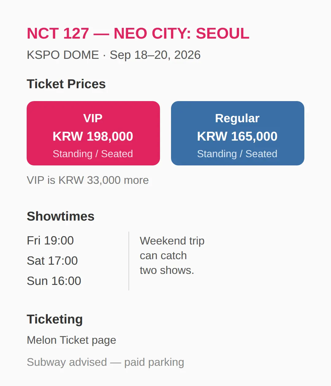 NCT 127 Seoul at KSPO DOME: Dates, Showtimes, VIP vs Regular Ticket Prices