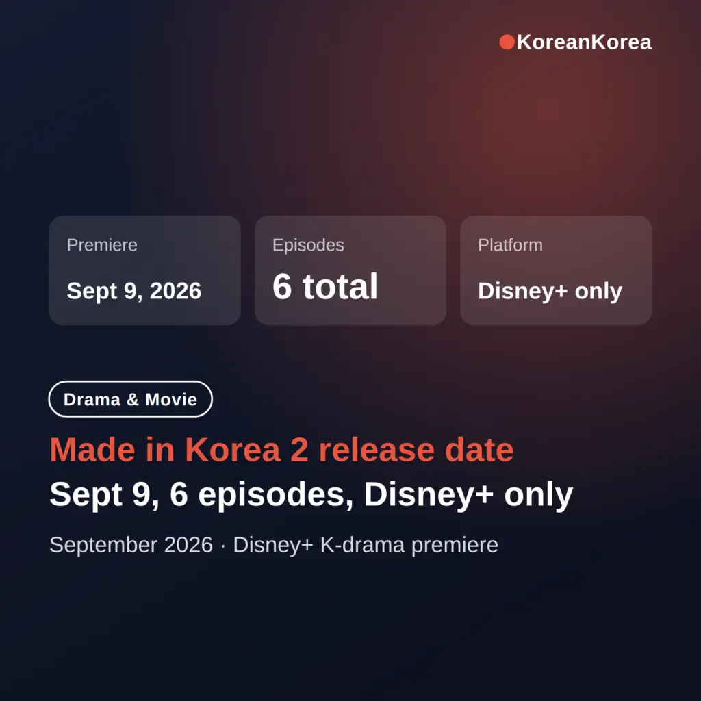 Made in Korea 2 release date Sept 9, 2026 — 6 episodes, weekly Disney+ schedule