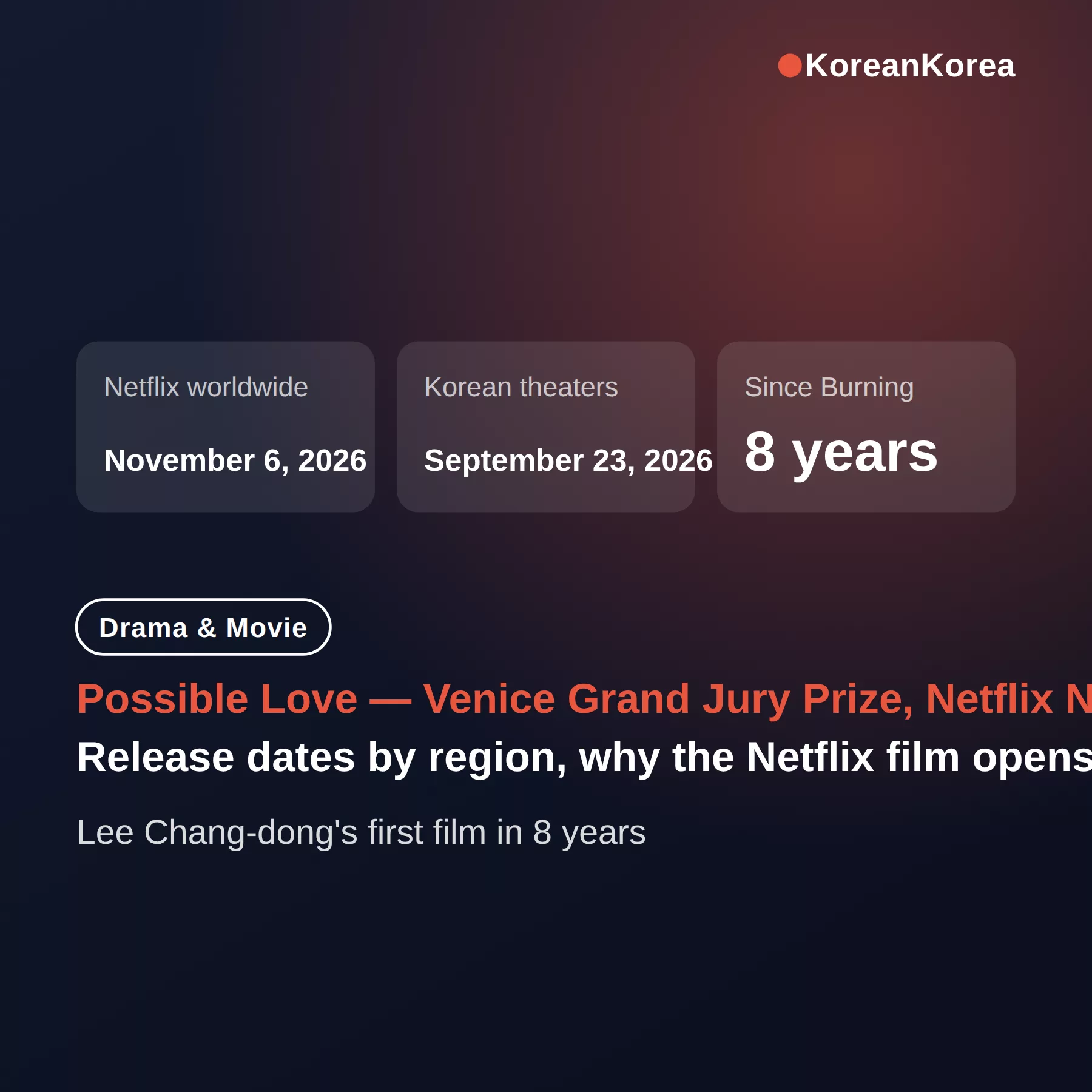 Possible Love movie Lee Chang-dong where to watch: after the Venice Grand Jury Prize win