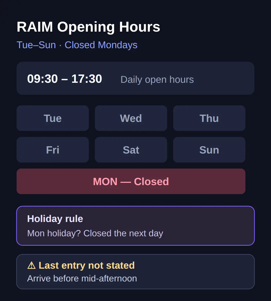 RAIM Opening Hours and Closing Days