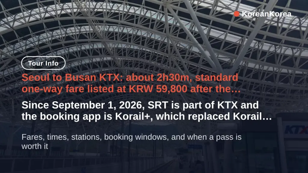 seoul to busan ktx 2026: KRW 59,800, 2h30m, Korail+ app