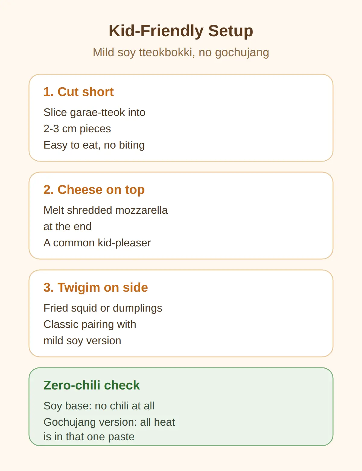 Making it kid-friendly: cut size, cheese, zero-chili check
