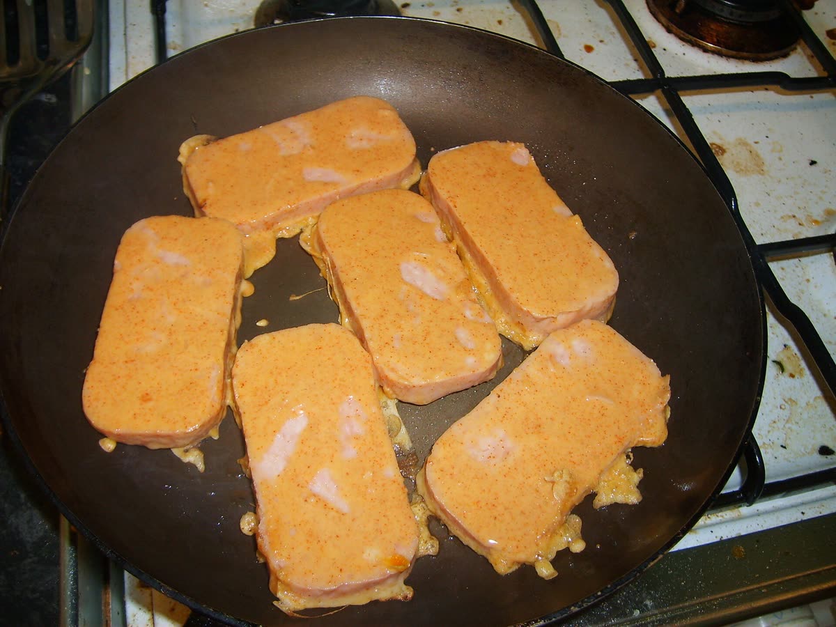 Spam fritters (1126878690) — kimbap recipe spam: fry it first, cool it, then roll