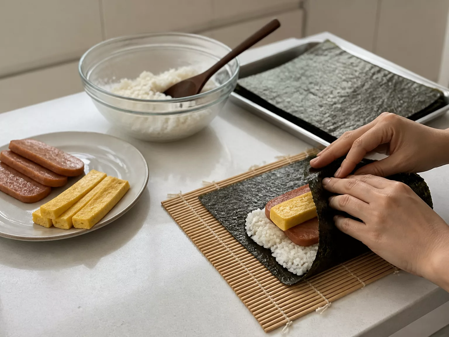 Step 1: Rolling hot spam or hot rice