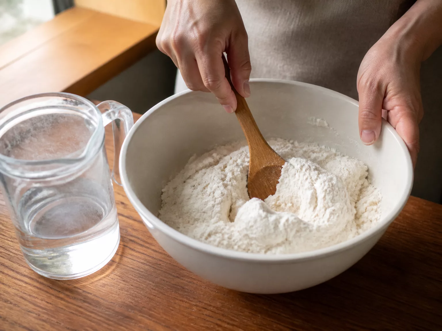 Step 2: Knead the flour with very hot (near-boiling) water, added gradually