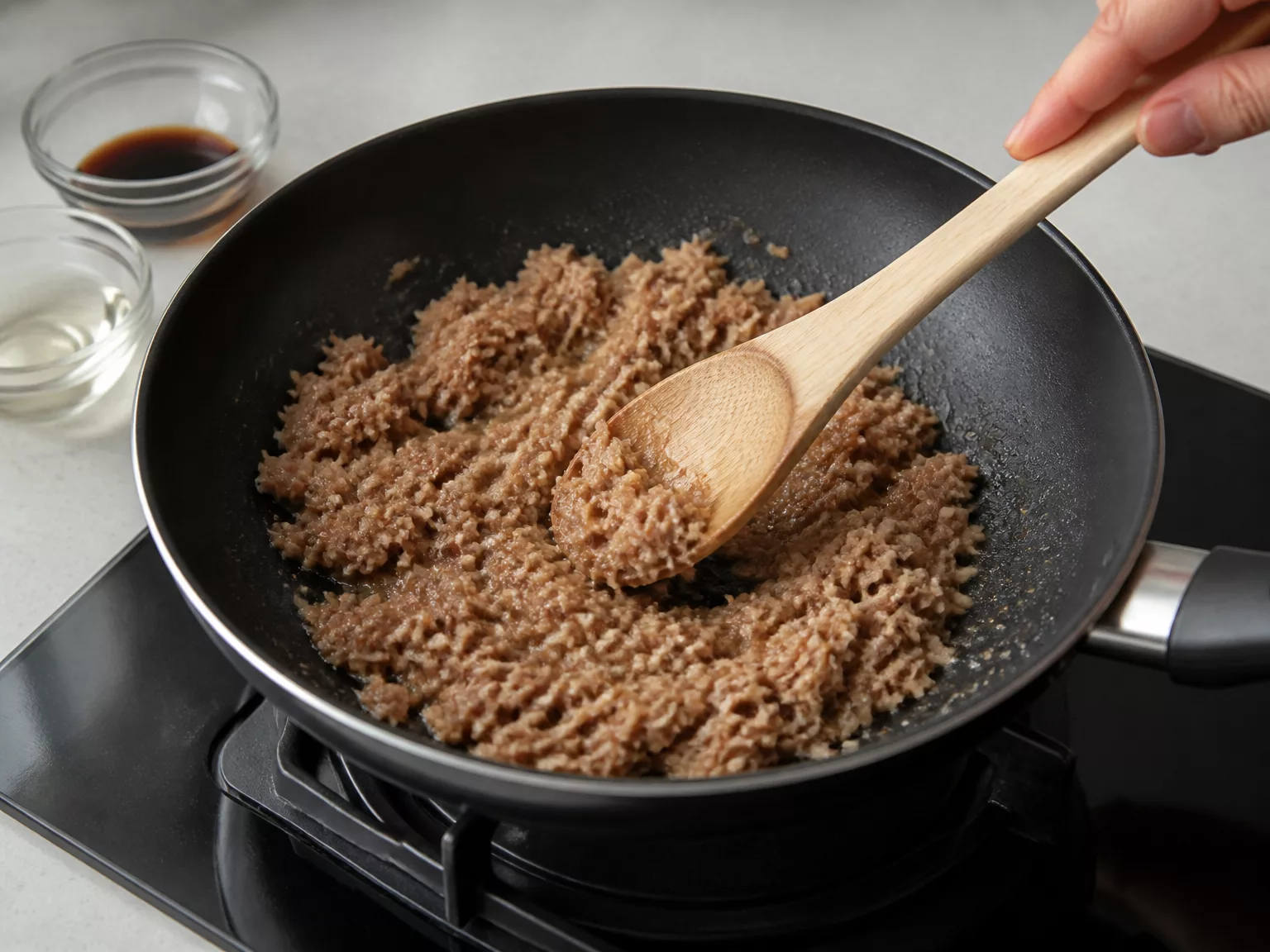 Step 2: Stir-fry it with soy sauce and sugar or corn syrup for 2–3 minutes