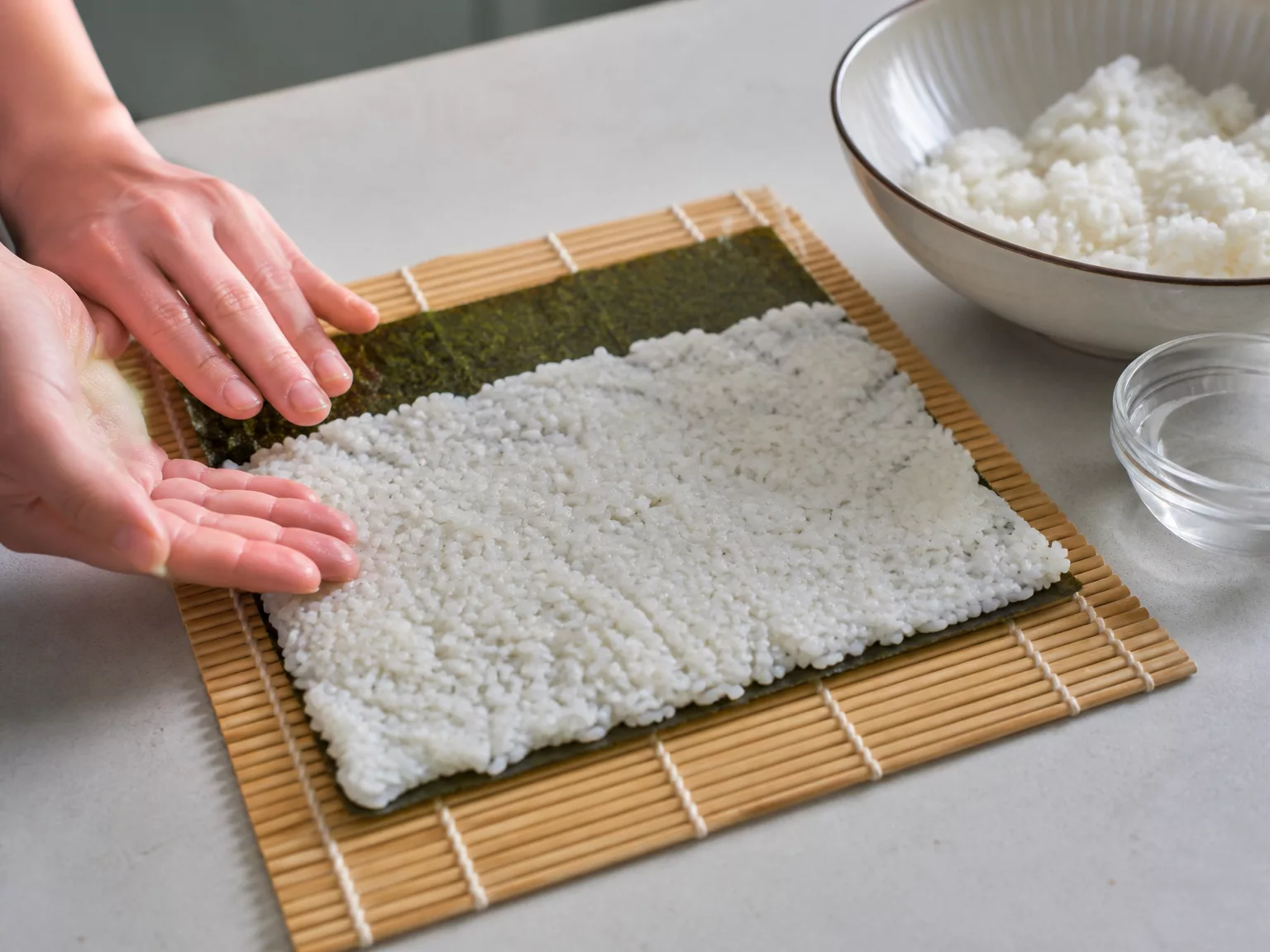 Step 1: Place the nori shiny side down on the mat and spread the 3/4 cup of…