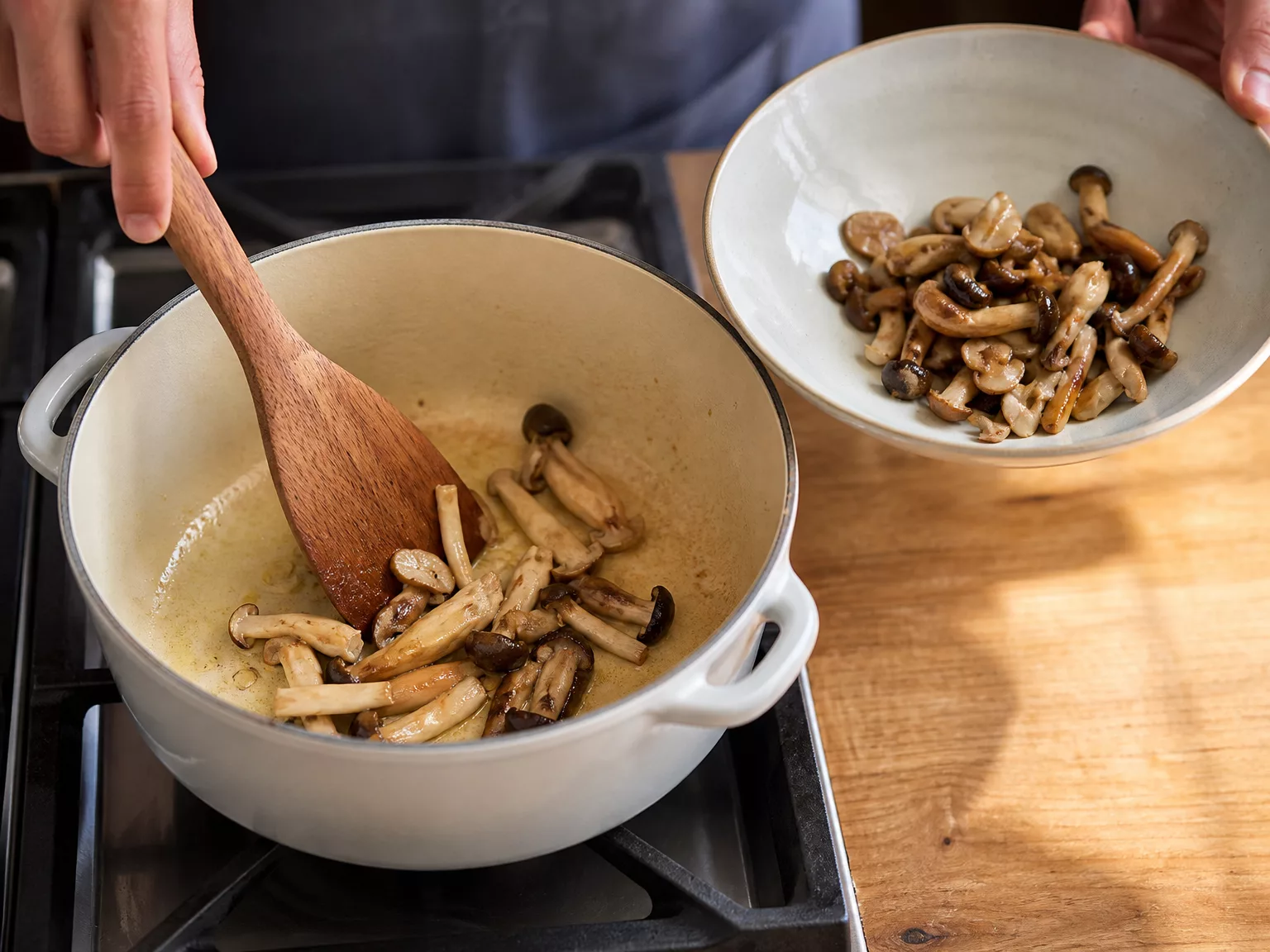 Step 2: Sear 150g of mixed mushrooms in a little oil for 3–4 minutes