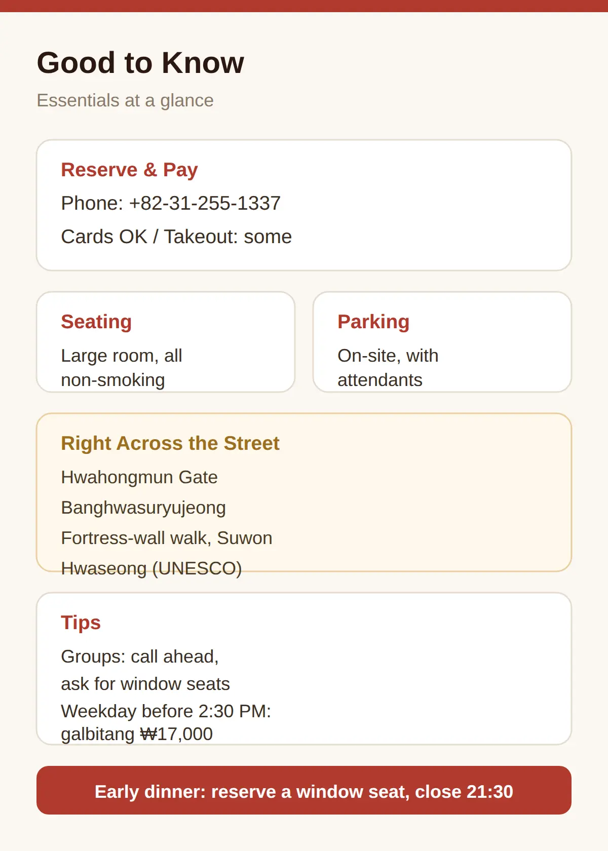 Reservations, Payment, Seating and What Is Nearby