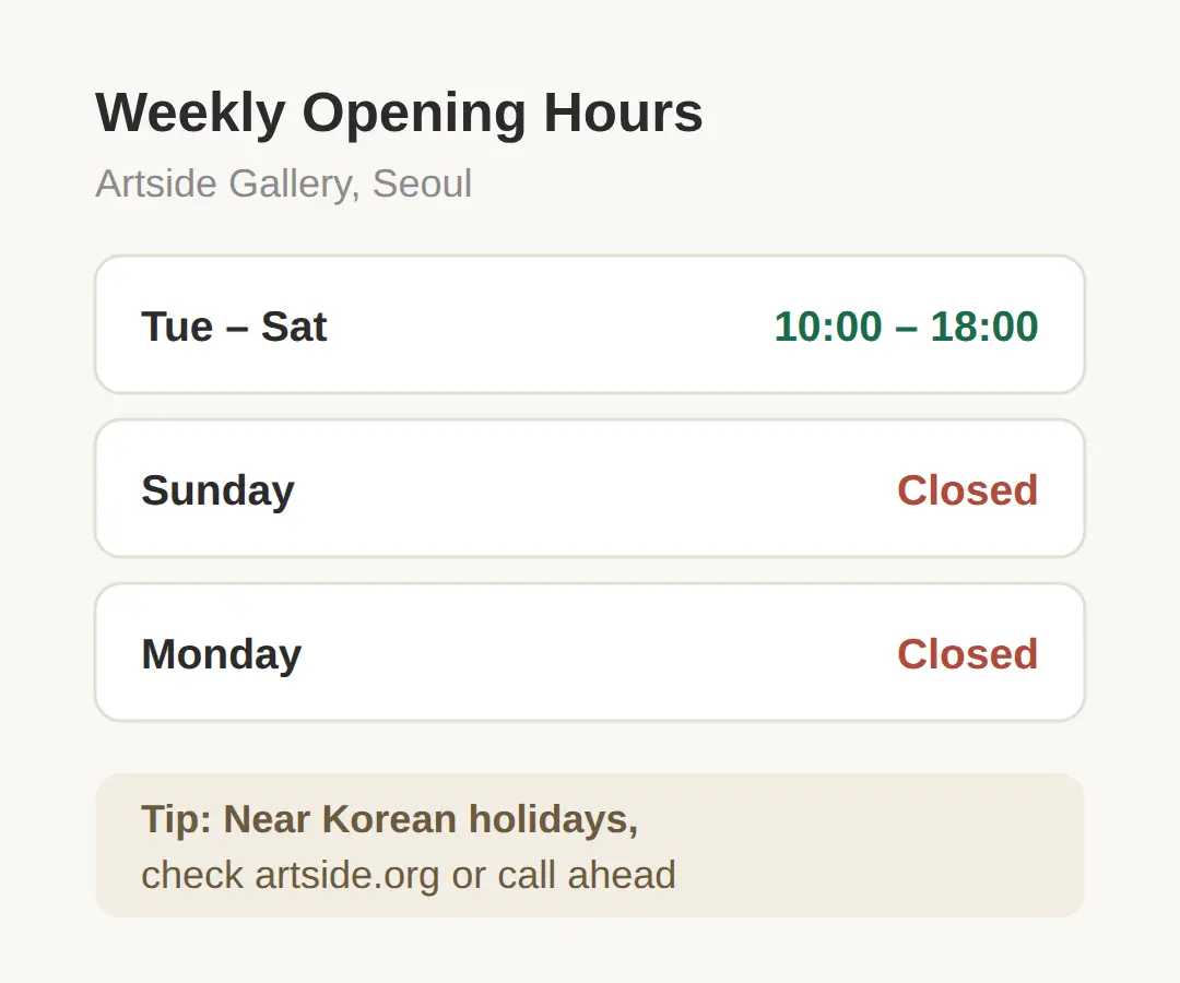 Artside Gallery Hours and Closing Days