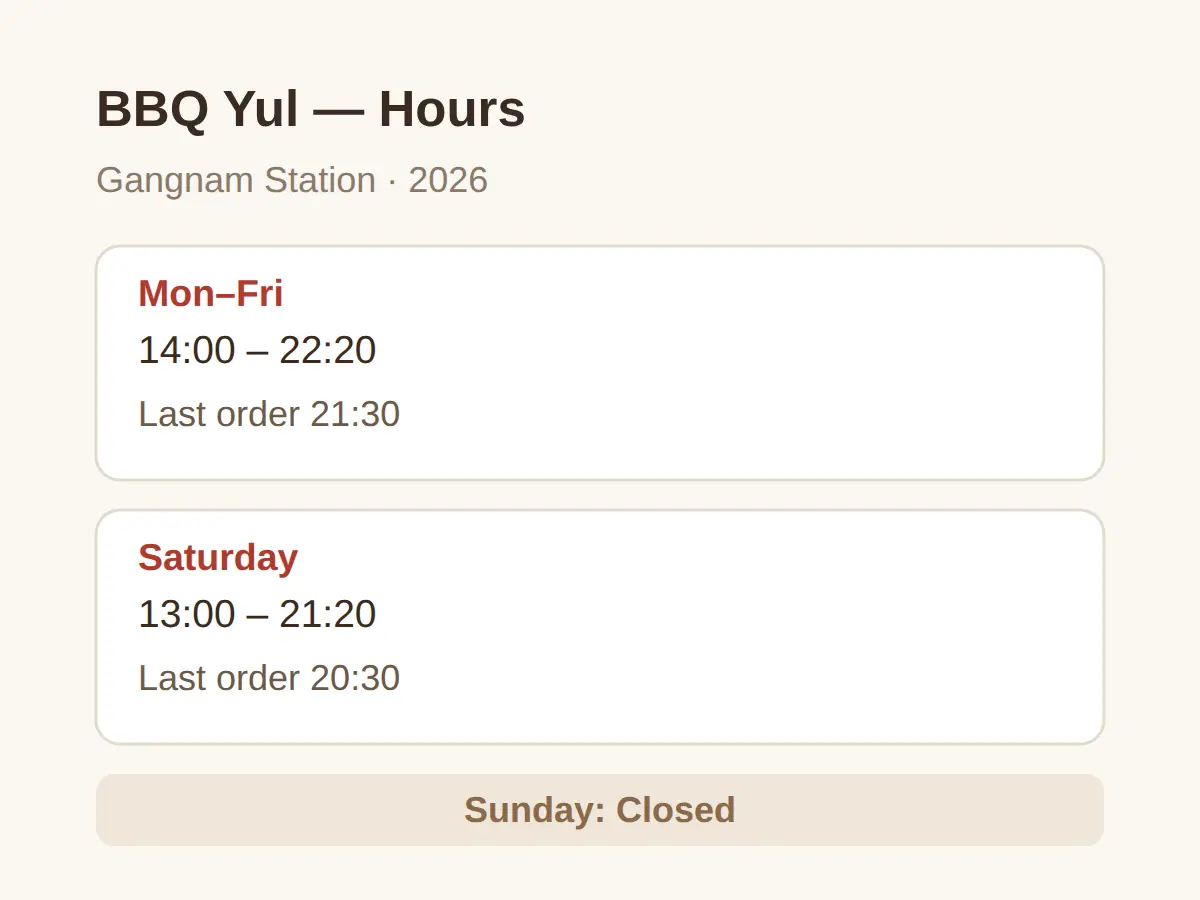 BBQ Yul Hours and Closing Days