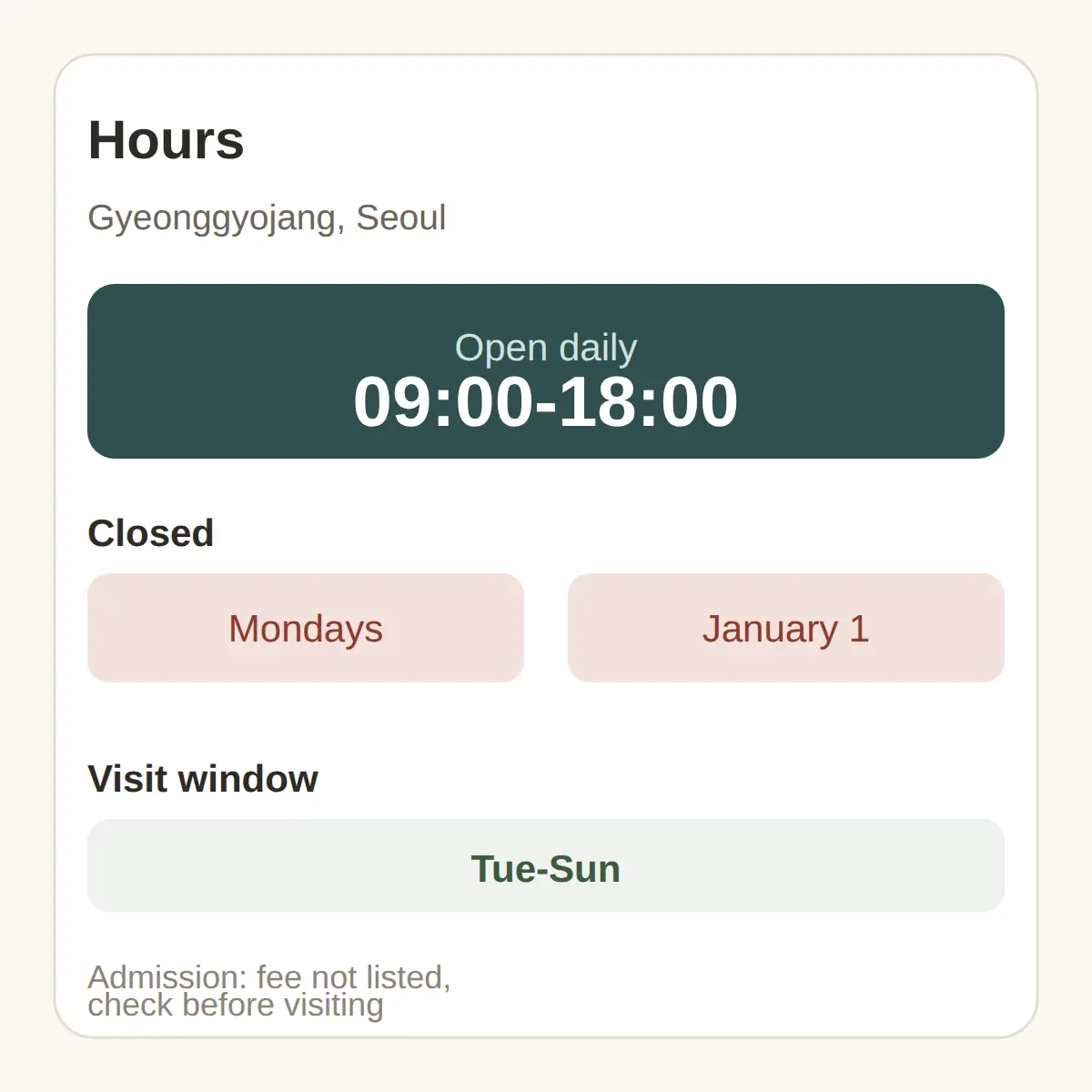 Hours, Closing Days and Admission