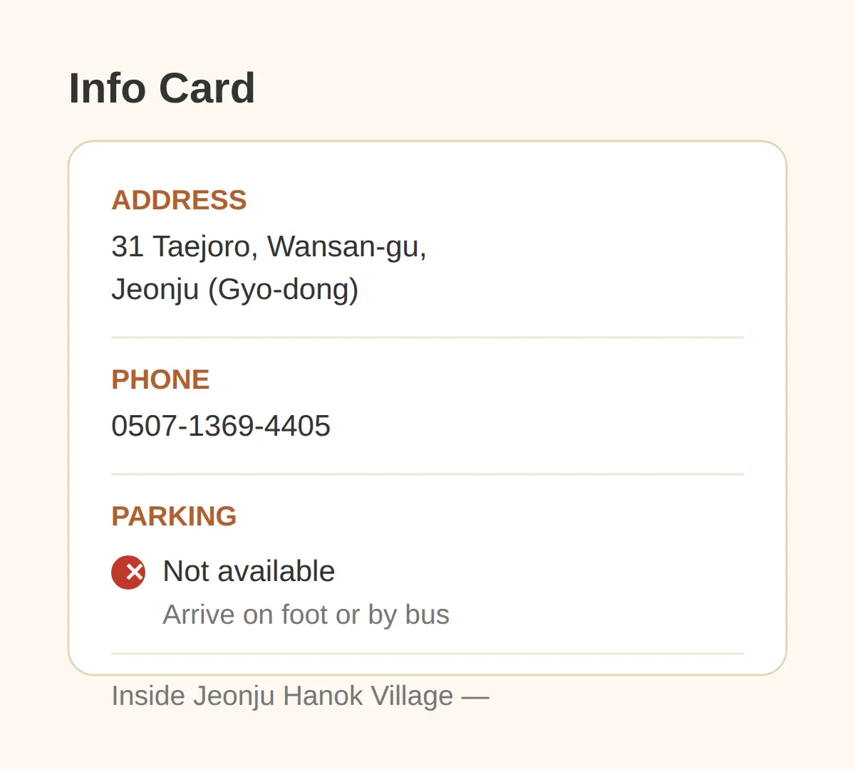 Address, Phone and Parking