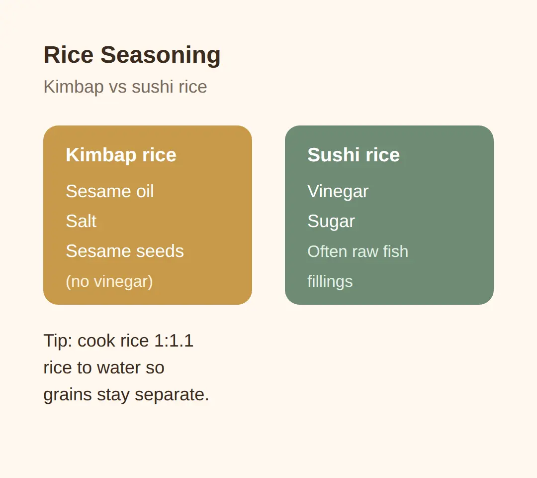 Sesame oil and salt season the rice — vinegar never goes in