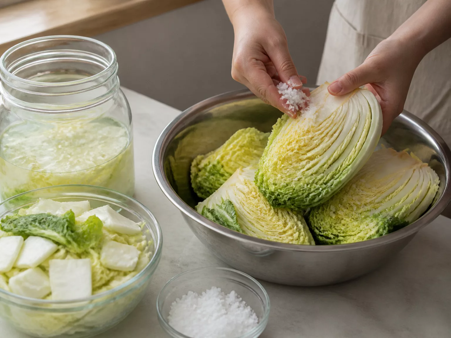 Step 1: Quarter the cabbage (or chop it into bite-size pieces for mak kimchi)…
