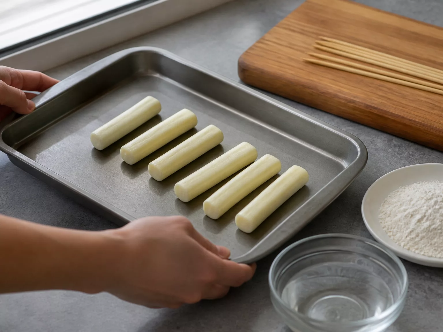Step 1: Freeze the mozzarella sticks 30–60 minutes before assembly so they…