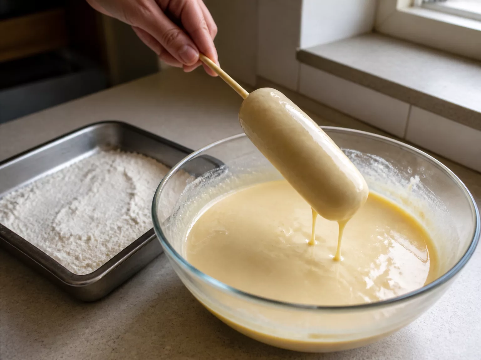 Step 3: Dust each skewer in flour, then dip in the thick batter, letting the…
