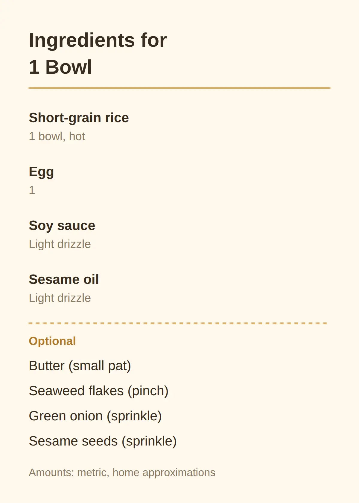 Ingredients for 1 Bowl (Metric, Home-Kitchen Approximations)