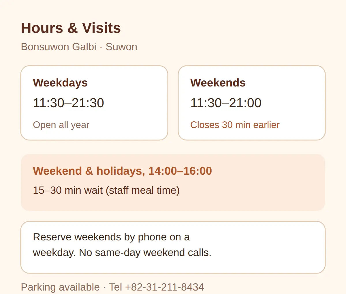 Bonsuwon Galbi Hours, Reservations and Parking