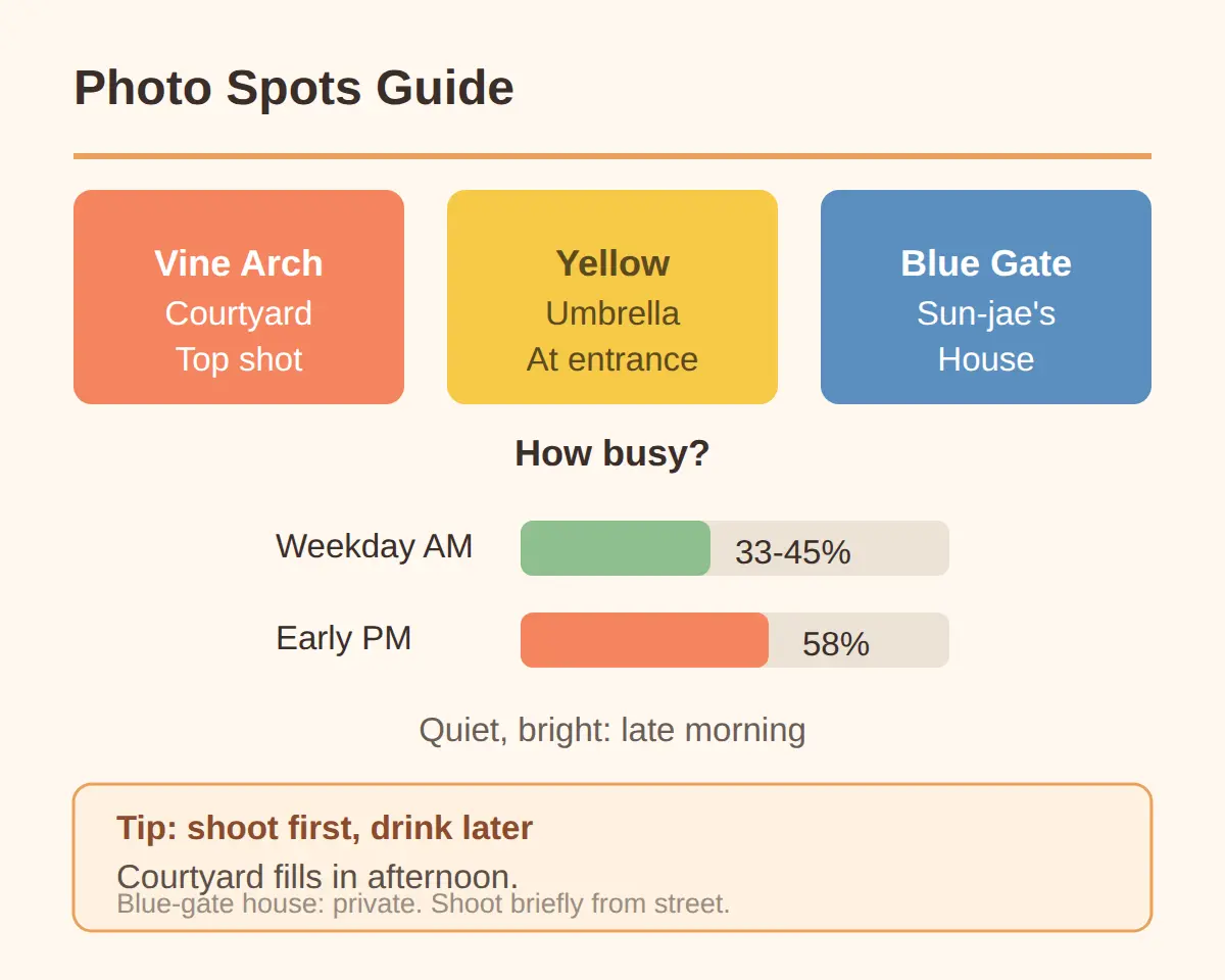Photo Spots: the Vine Arch, the Yellow Umbrella and Sun-jae's House