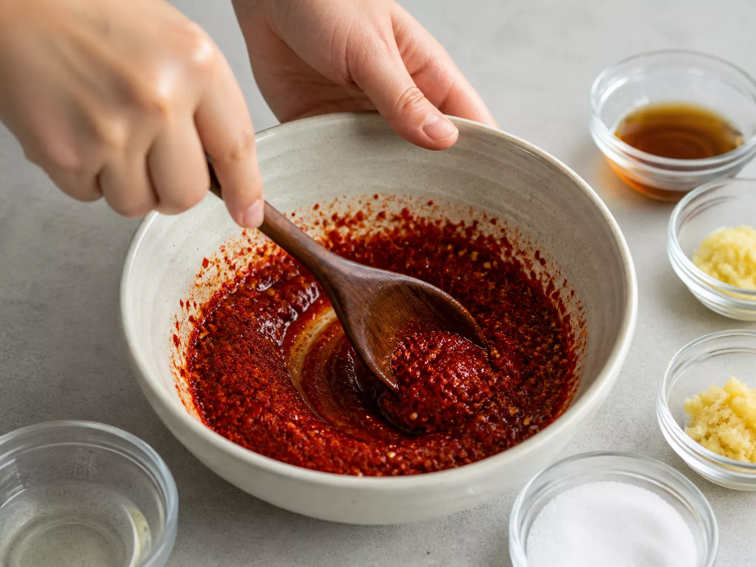 Step 4: Mix the seasoning: gochugaru, garlic, ginger, sugar, fish sauce, and…