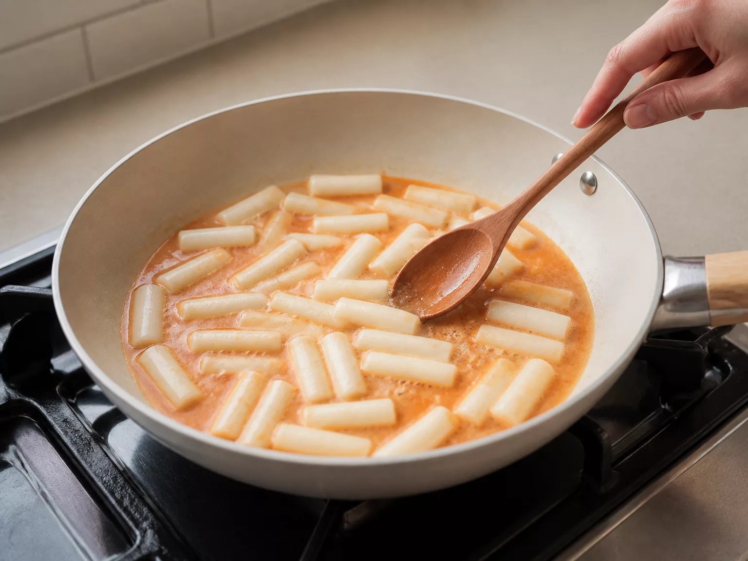 Step 5: Add the rice cakes in one layer and bring to a simmer on medium.