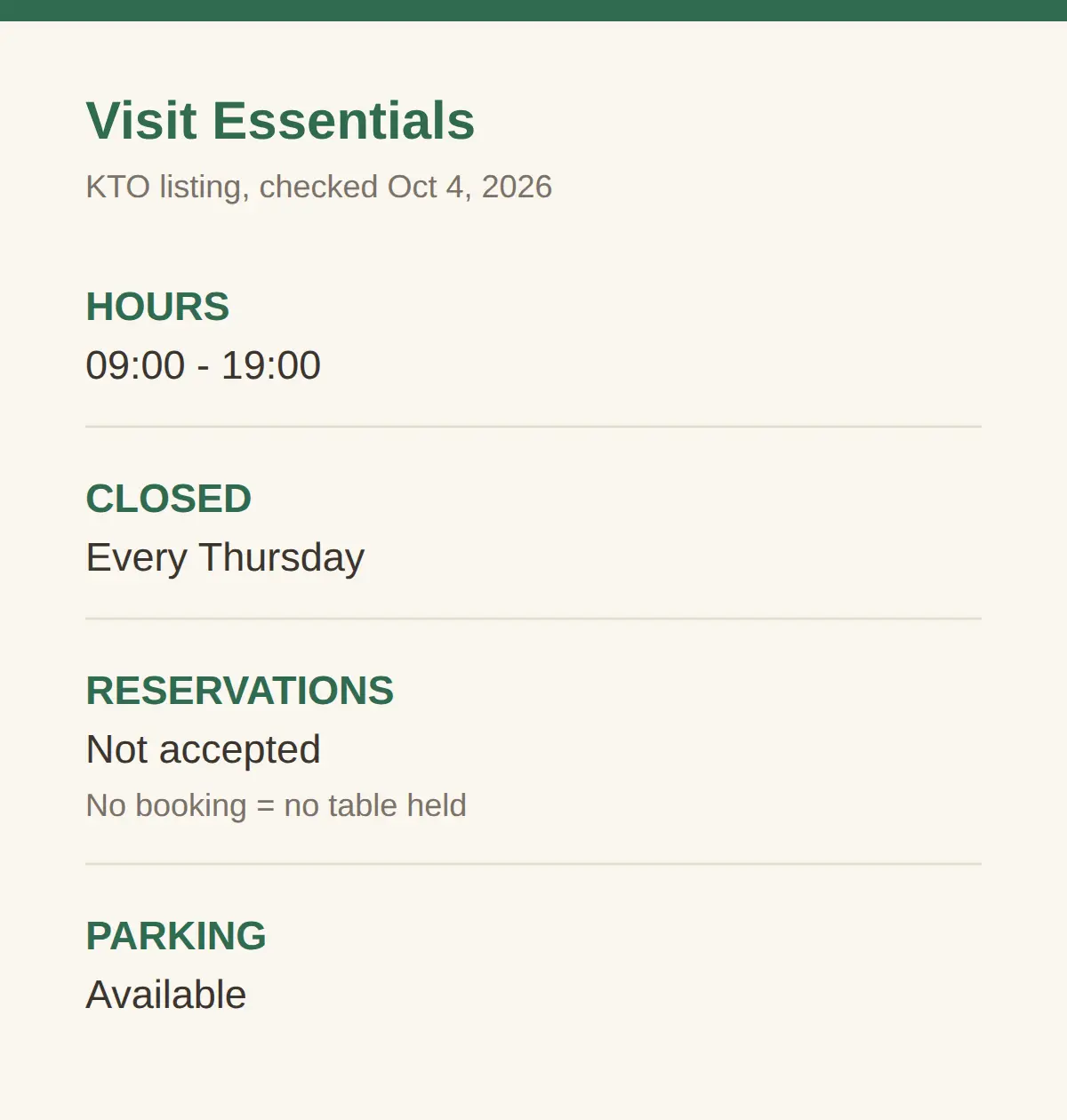 Hours, Closing Day, Reservations and Parking