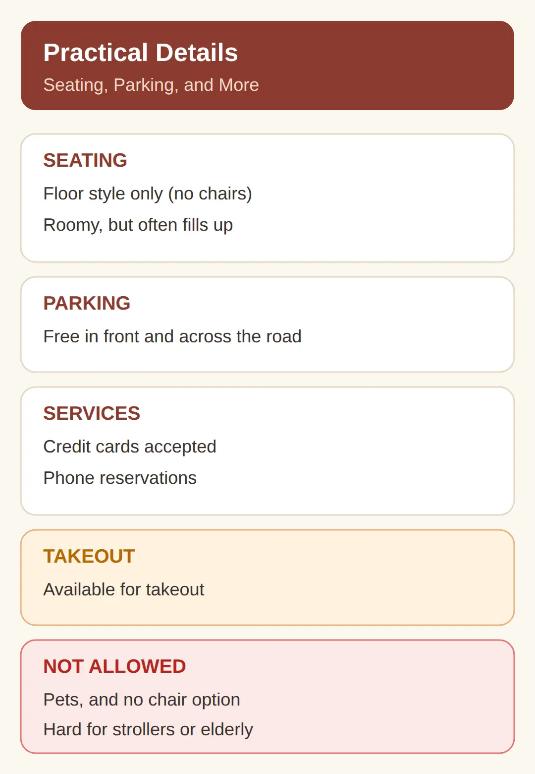 Seating, Parking and Practical Details