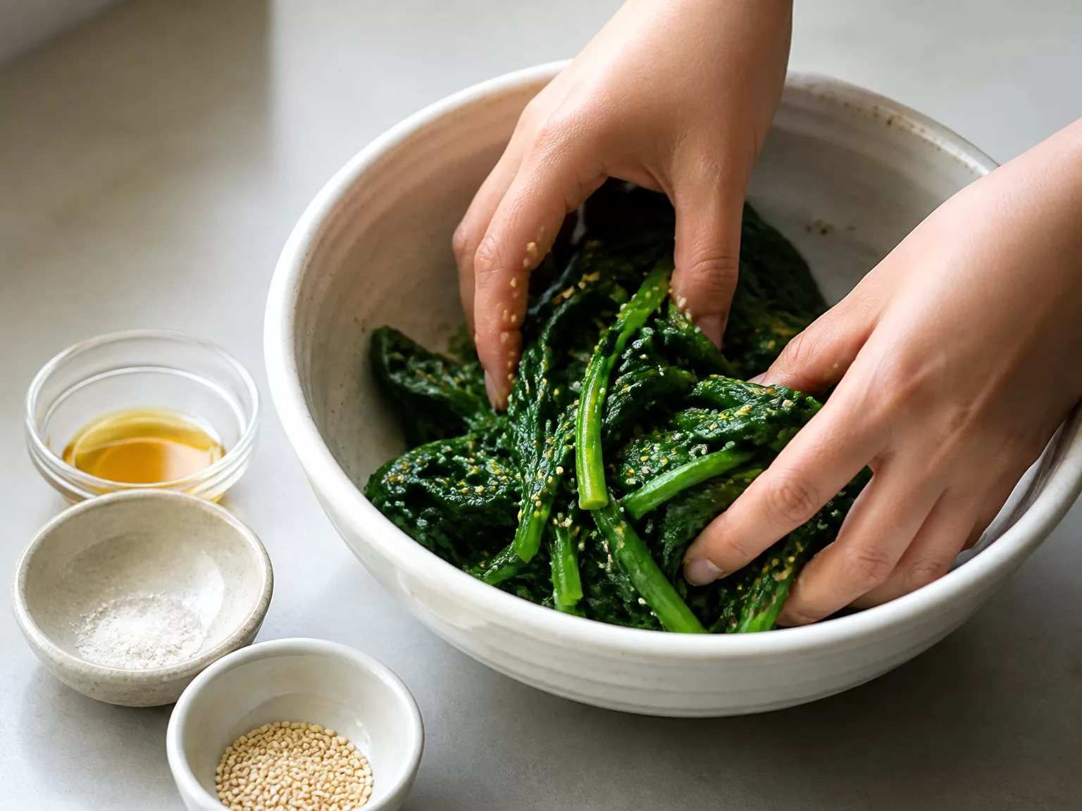 Step 7: Dress with sesame oil, a little salt or soy sauce, and sesame seeds,…