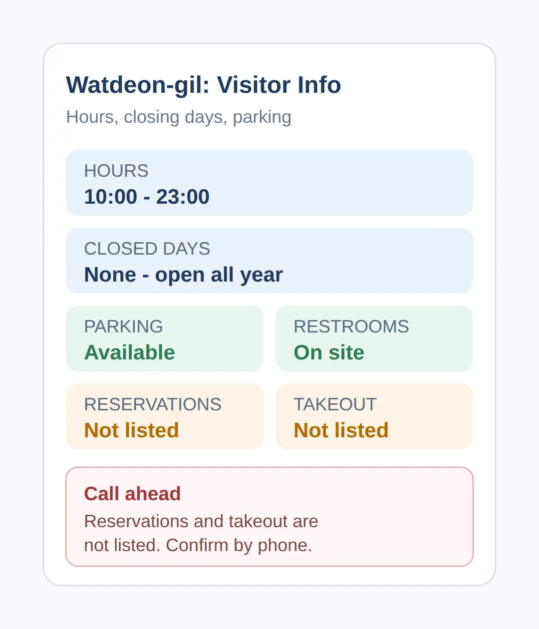Watdeon-gil hours, closing days, parking and restrooms
